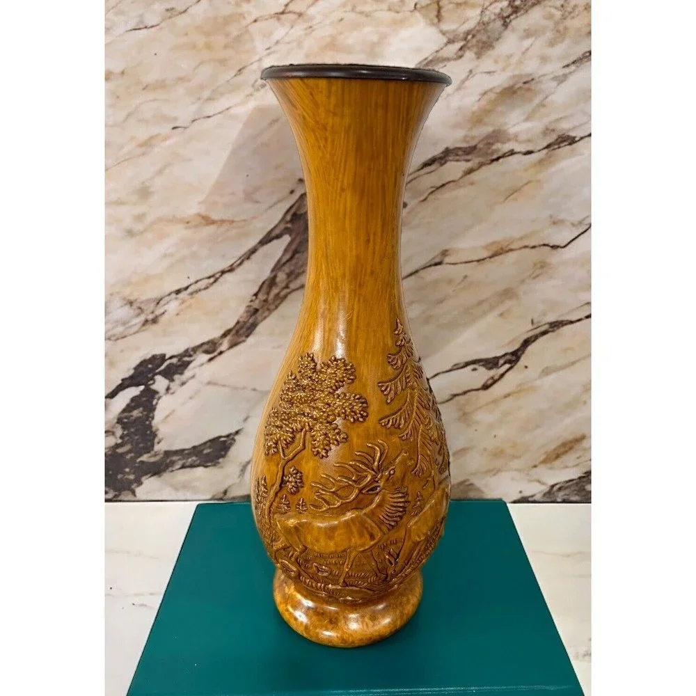 Vtg Wood Look West Germany Elk Stag Deer Bud Vase Forest Scene In Relief Nature